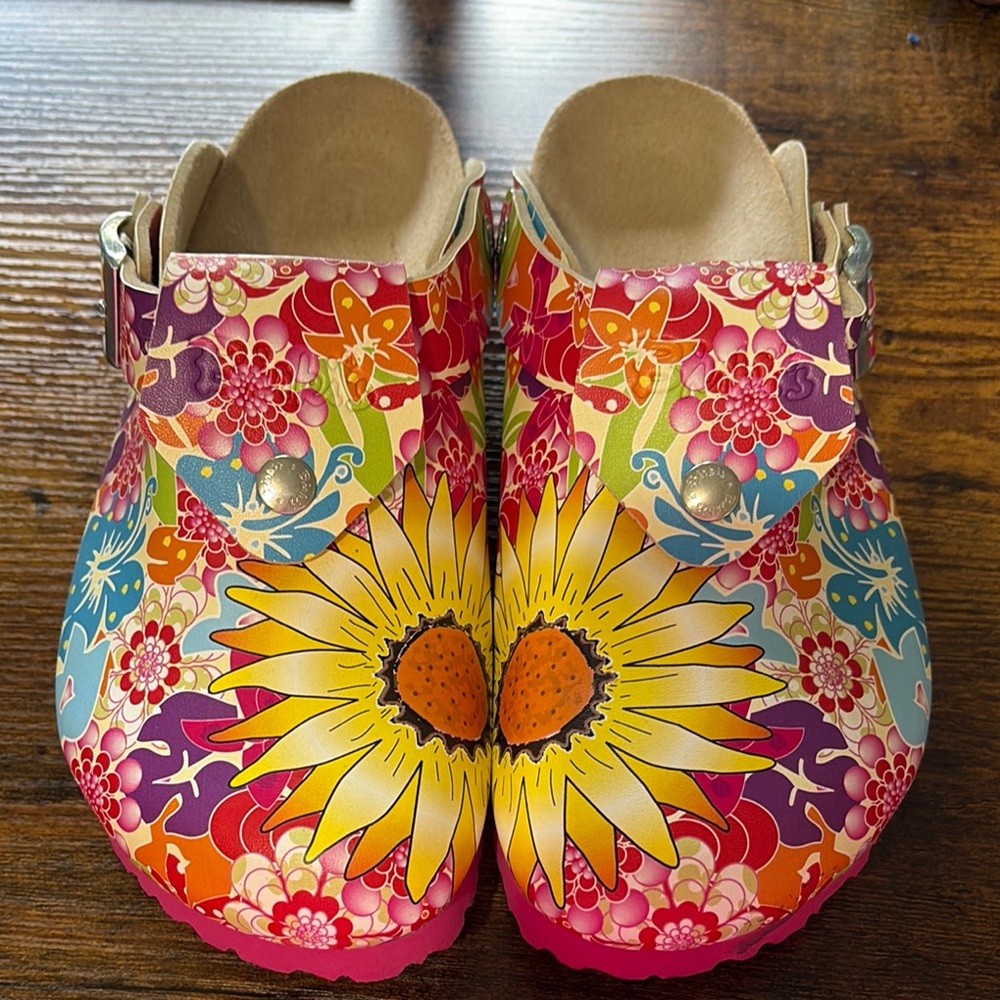Vibrant Pink and Yellow Sunflower Clogs